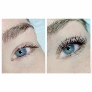 Lash lift före och efter – närbild på ögon med naturliga och upplyfta fransar